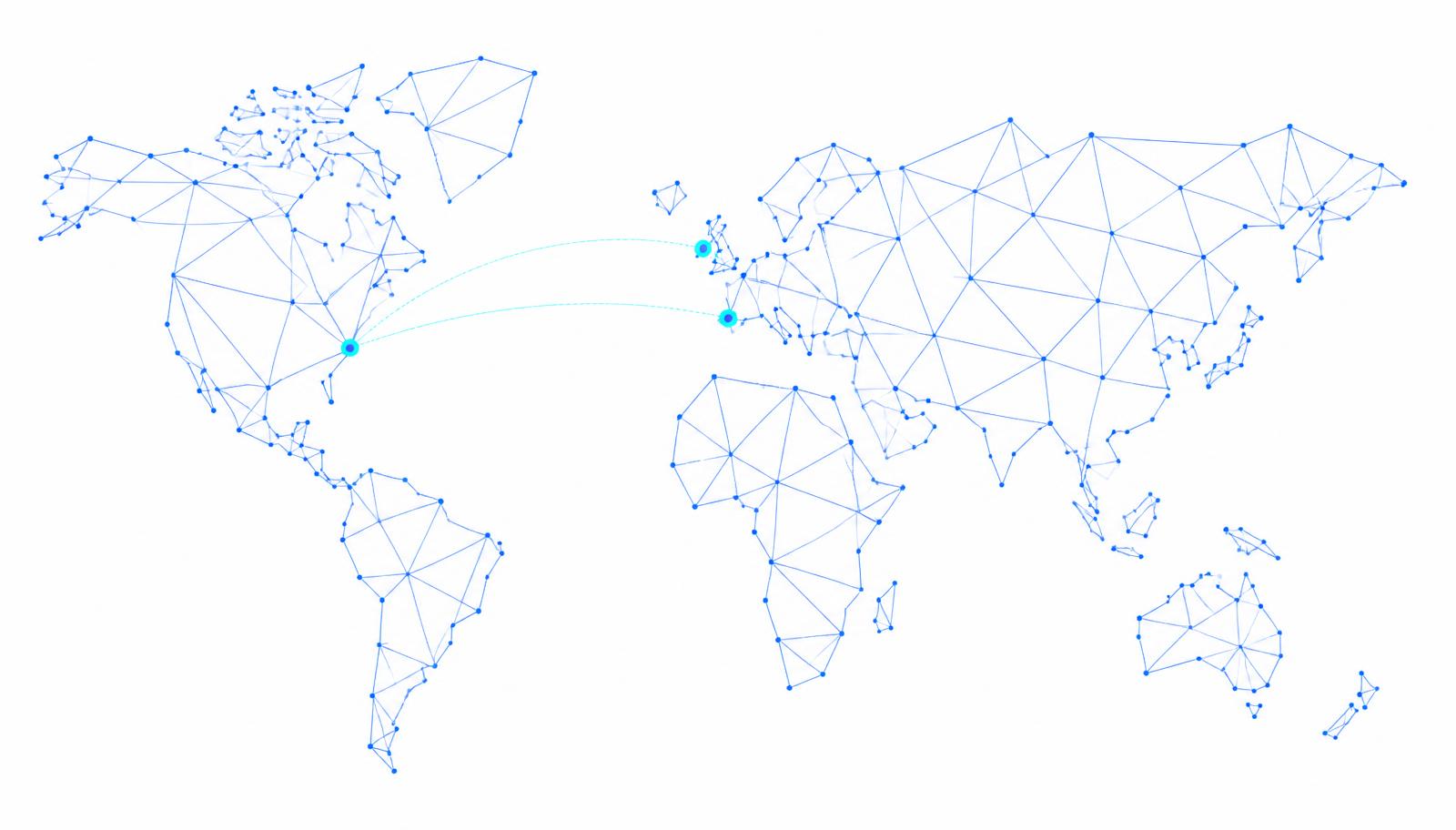 Abstract network map highlighting Mock MSP regions in Europe and the United States